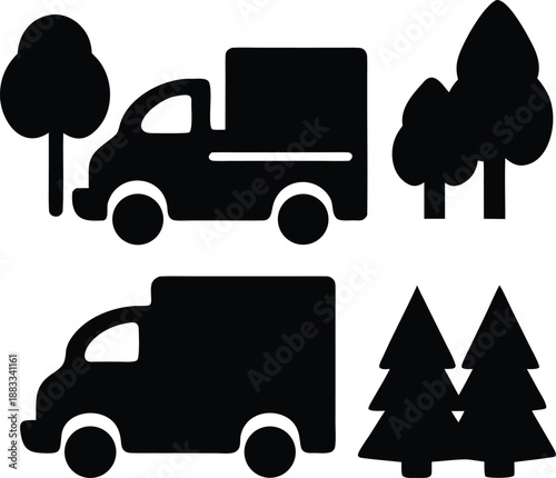 Two delivery trucks and various tree silhouettes symbolize eco friendly transportation services