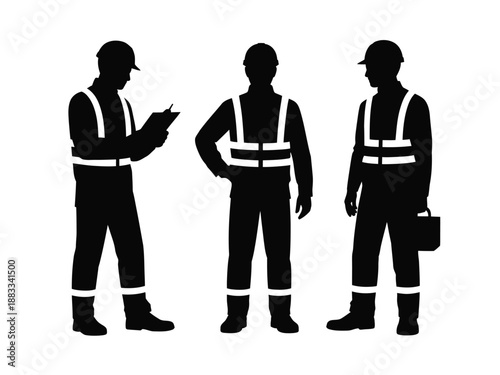 Three construction workers engaged in discussion isolated on white background, Vector, illustration