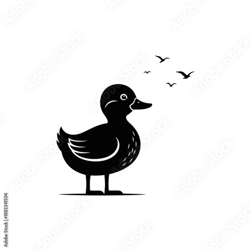 Duck Silhouette with Birds, charming black silhouette of a duck, facing towards a group of birds, captures a moment of tranquil interaction, minimal vector silhouette.