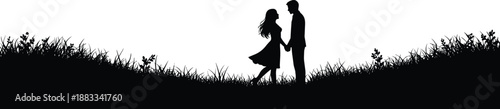 Couple Silhouette Love Romantic Landscape Nature Grass Sunset Together Holdinghands Relationship Valentine Emotion Man Woman Illustration Design Background