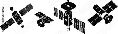 Collection of modern communication and scientific satellites with solar panels, vector illustration set isolated on white background for space technology, aerospace engineering, 