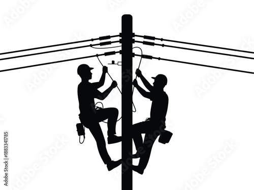 Workers repairing electricity pole isolated on white background, Vector, illustration