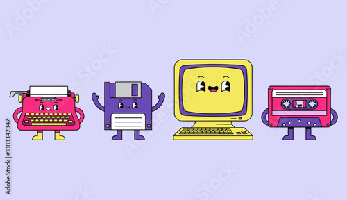 Retro technology characters collection with cute vintage typewriter floppy disk desktop computer and cassette tape in nostalgic kawaii style