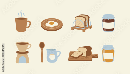 Minimalist breakfast food and coffee set featuring bread eggs jam jar and pour over coffee maker icons in flat hand drawn warm earth tones