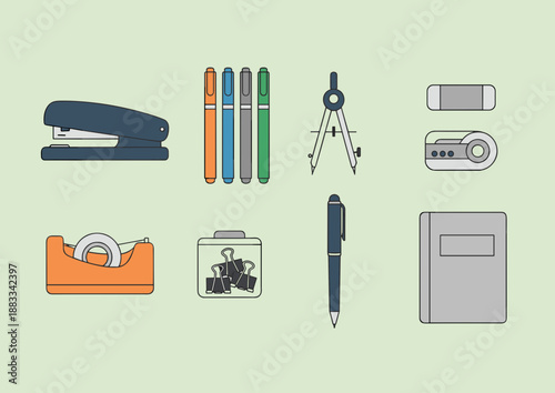 Professional office stationery and school supplies set featuring stapler pens compass binder clips notebook and tape dispenser in flat style