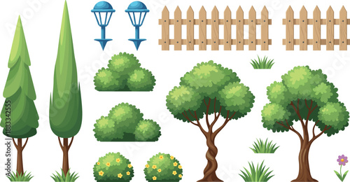 Garden and Park Landscaping Elements Vector Set with Trees, Bushes, Fences, Lamps, Grass, and Decorative Plants for Outdoor Environment Design