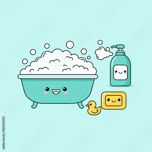 Cute bathroom scene with kawaii bathtub full of bubbles, soap bottle, soap bar and yellow rubber duck character for hygiene concept.