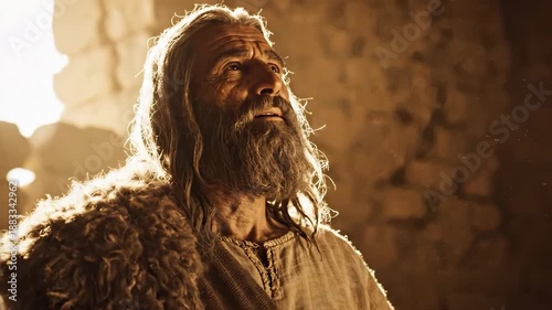 Portrait of an ancient biblical man with a grey beard looking up in prayer. Elderly historical figure breathing deeply in a dusty stone cave with dramatic backlighting. Religious concept