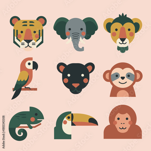 Colorful set of flat vector jungle animal head icons including tiger, elephant, monkey, parrot, and chameleon isolated on a peach background