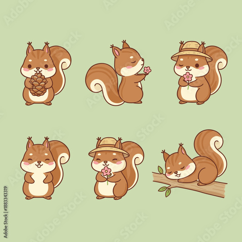 Various adorable squirrel poses in kawaii style featuring eating, smelling flowers, and sleeping on a branch, cute forest animal character set