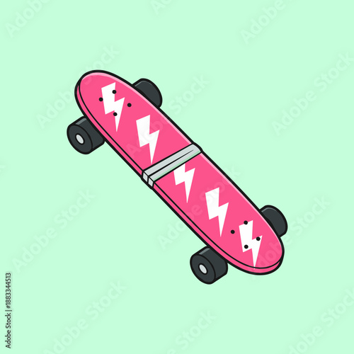 Modern pink skateboard illustration with white lightning bolt pattern and black wheels in flat vector style isolated on green background