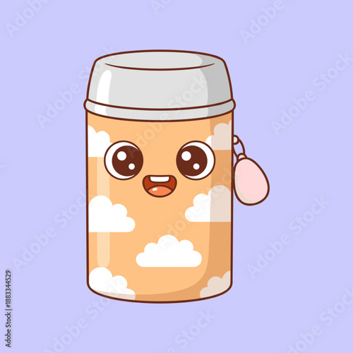Cute thermos bottle character with white cloud pattern and happy face in kawaii cartoon style isolated on purple background for travel