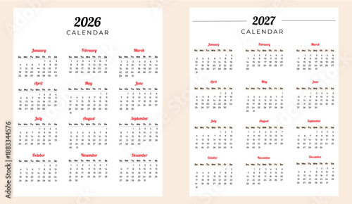 Set of simple vector calendars for 2026-2027 in English.
