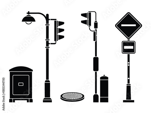 Urban street fixtures and signs isolated on white background, Vector, illustration