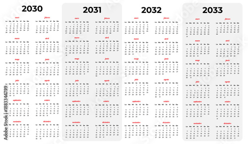 Vector set of simple calendars 2030-2033 in Spanish