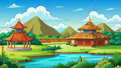 Traditional asian landscape with pagodas and river
