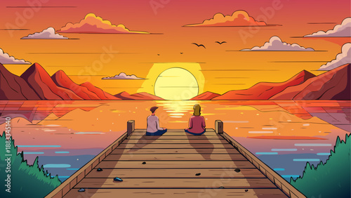 Serene sunset by the lake with couple on pier