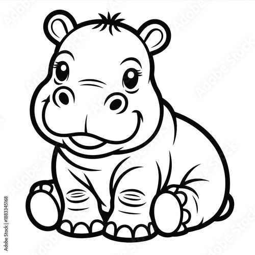 Cute baby hippo sitting isolated on white background, Vector, illustration