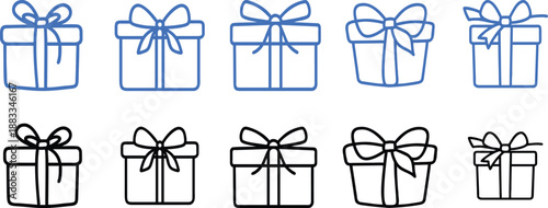 Gift box line icon featuring surprise present, birthday package, celebration ribbon, holiday reward, and more 10 vector set illustration with editable stroke.