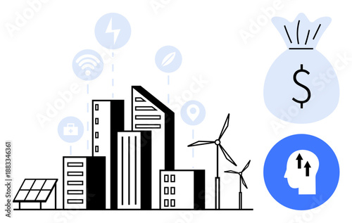 Smart city concept. Smart city highlights renewable energy and connectivity driving urban sustainability. Smart city innovation in technology, energy, finances, environment, planning