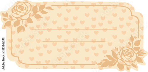 A beige vintage-style rectangular label with softly rounded corners, delicate rose illustrations in opposite corners, and a subtle repeating heart pattern as a romantic background.
