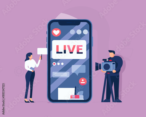 a woman presenting live streaming on a smartphone with a cameraman recording