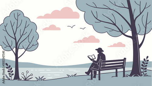 Peaceful lakeside reading illustration