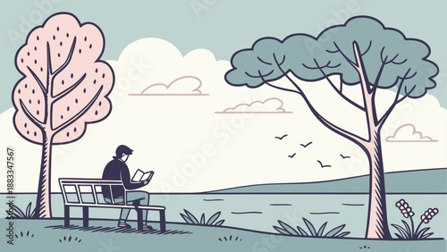 Peaceful lakeside reading illustration
