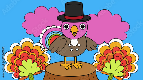 Whimsical cartoon turkey with flowers