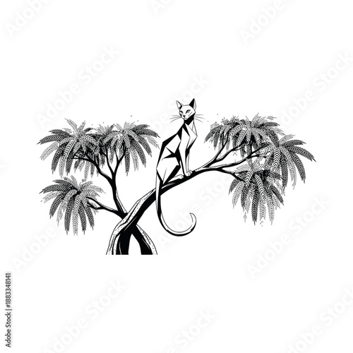 Elegant Cat on Branch, A sleek feline perches gracefully amidst the branches of a stylized tree, its gaze keen, conveying a sense of poise and serenity, billi, cat on a tree, minimal vector
