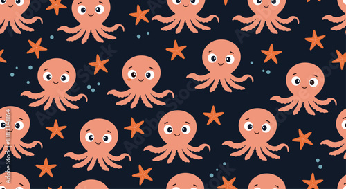 Adorable seamless pattern featuring cute pink octopuses and orange starfish swimming in a dark blue deep sea environment.