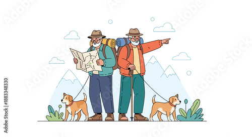 Two active senior men with backpacks and dogs exploring mountains while using a paper map for navigation during hike.