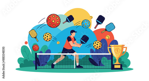 Man playing pickleball on a colorful court with multiple paddles and balls flying around near a first place trophy.