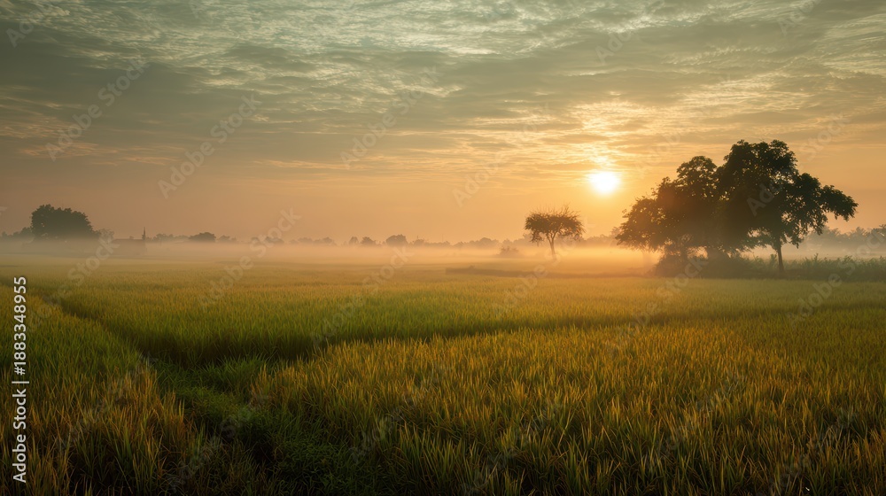Fototapeta premium Serene Sunrise Over a Wide Rice Field with Fog in a Rural Landscape