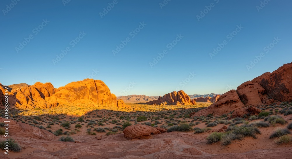 Fototapeta premium A desert landscape with rugged sandstone formations and sparse vegetation under a clear blue sky