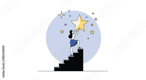 Woman climbing a staircase to reach a large golden star against a blue circular background representing success and ambition.