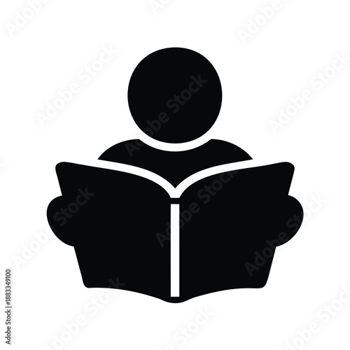 A minimalist black silhouette icon depicting a person reading an open book