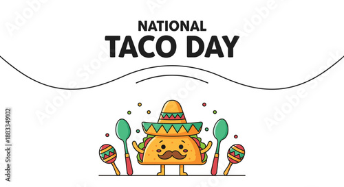 National Taco Day banner featuring a cute taco character wearing a sombrero and holding maracas with colorful confetti around.