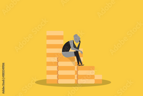 Stressed business woman sitting on a stack of coins, representing financial crisis, debt, and economic pressure