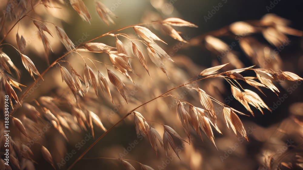 Fototapeta premium Close-up of swaying oats under warm sunlight casting soft shadows in a serene and peaceful environment