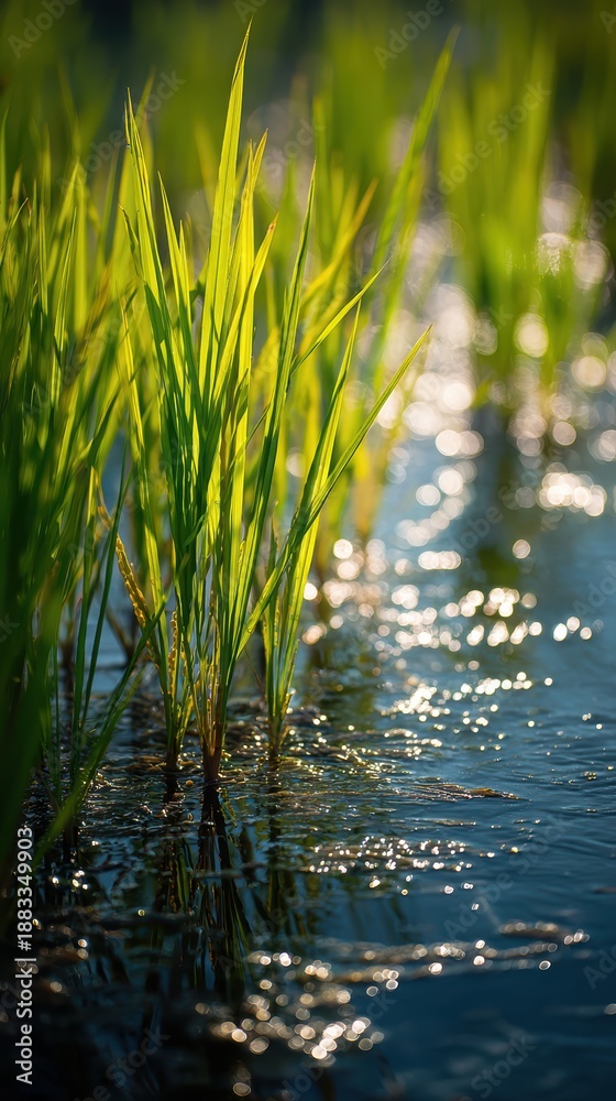 Obraz premium Close-Up of Rice Stems in Water Reflecting Sunlight with Gleaming Highlights