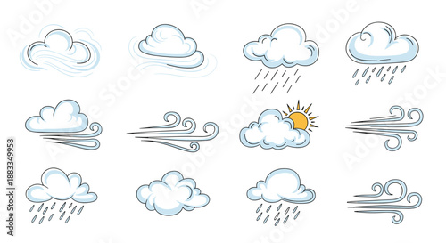 Set of weather forecast icons showing various types of clouds rain wind and sun in a soft blue and white illustration style.