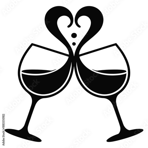 Two wine glasses clinking forming a heart shape silhouette for romance celebration toast love concept