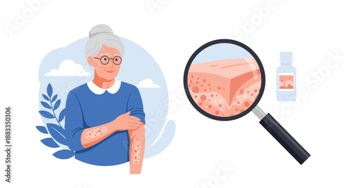 Elderly woman examining a skin rash on her arm next to a magnified view of inflamed skin cells and a bottle of dermatological medicine.
