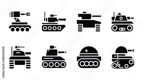 Military tank silhouette icons, armored vehicle graphics, modern warfare illustration, army design elements
