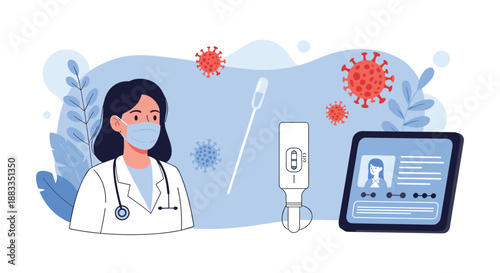 Female doctor in a medical mask with rapid covid-19 test swab and digital tablet showing patient data on a blue background.