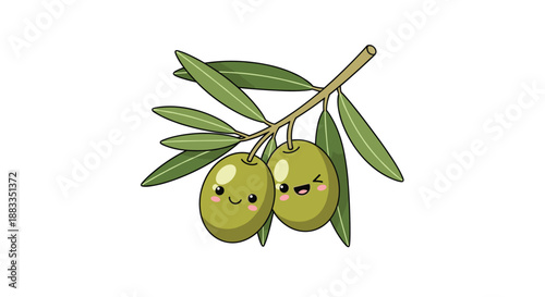 Pair of adorable smiling olives with cute faces hanging on a leafy green branch for kitchen and food related designs.