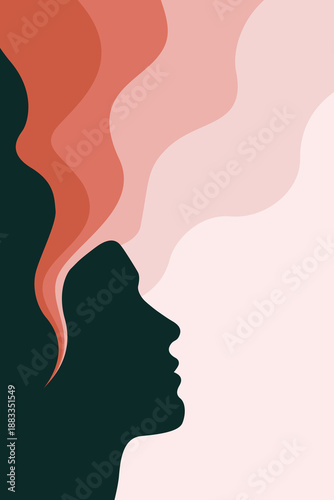 Abstract surreal female silhouette profile with flowing wavy hair transforming into ethereal smoke clouds, minimalist gradient red pink orange tones digital illustration vector art.