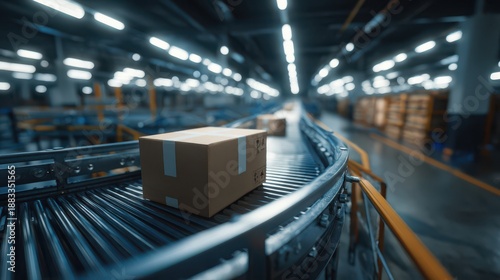 Cardboard box on a roller conveyor belt in a modern automated warehouse distribution center