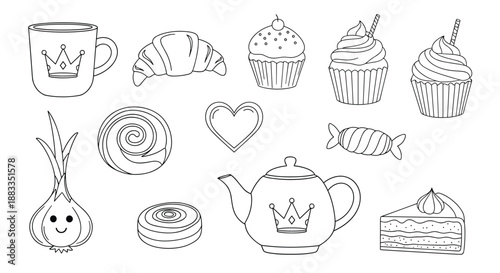 Set of black and white line art sketches of sweets pastries a teapot a cup and an onion for coloring and design projects.